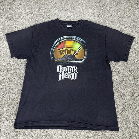 Guitar Hero Shirt Mens Large Black Rock Meter I Rock Graphic Video Game Hanes - Picture 2 of 10